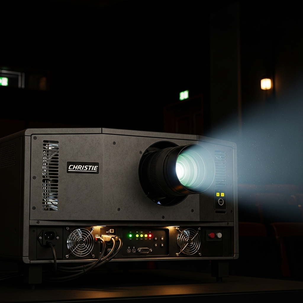 Powerful Christie cinema projector in a dark theatre environment