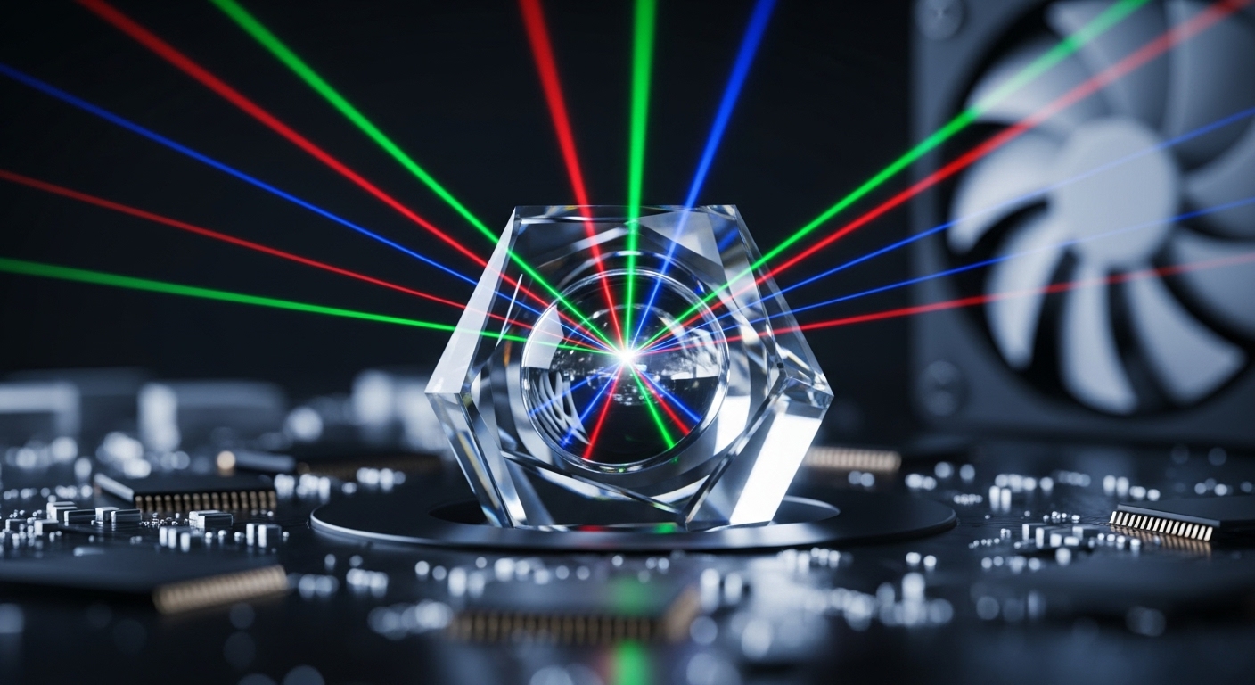 Christie laser projector on bench with diagnostic leads and calibration chart